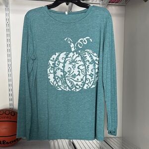 Teal Long Sleeve Pumpkin Print Top
